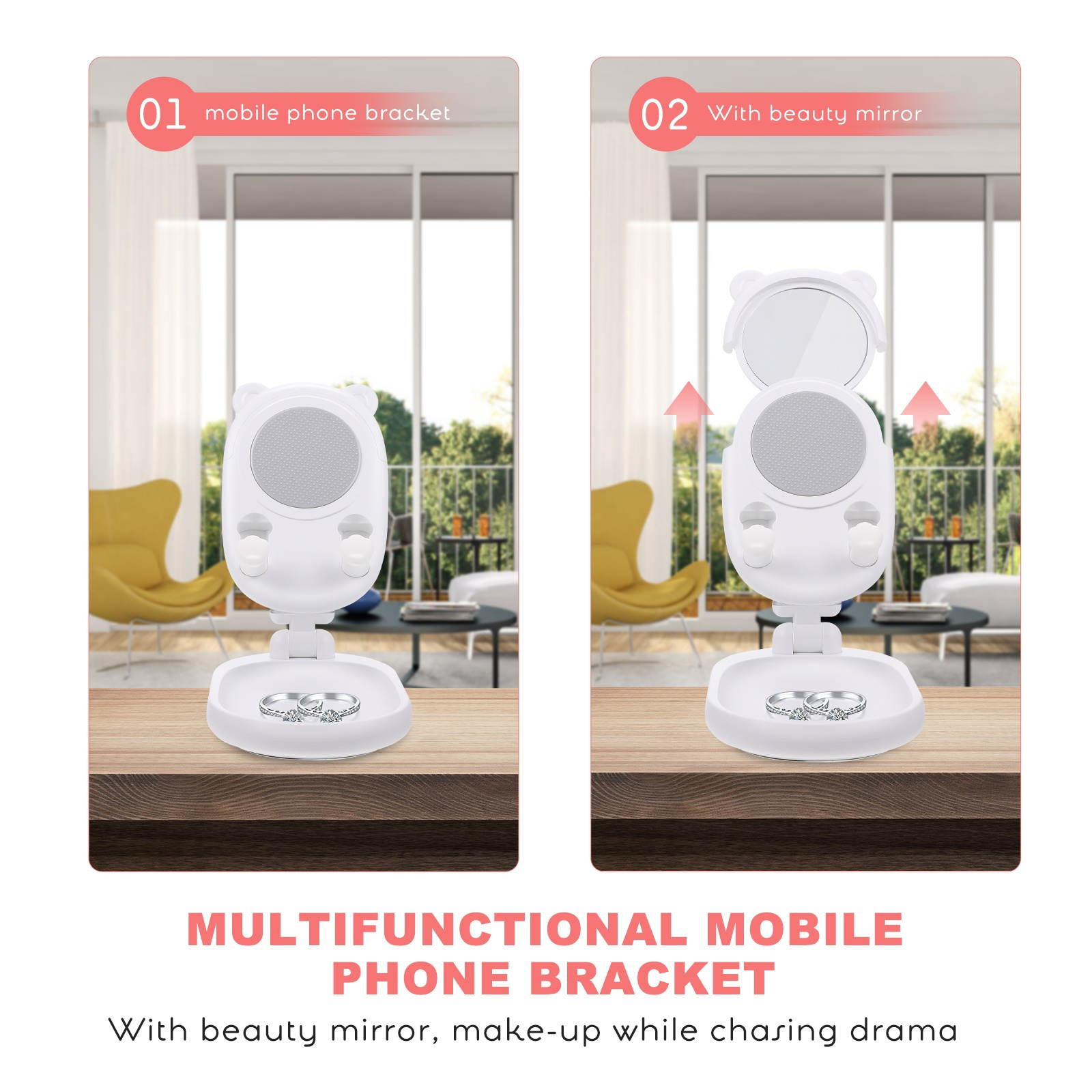 1Pc Ajustable Desktop Beauty Mirror Phone Holder Mobile Phone Storage Rack