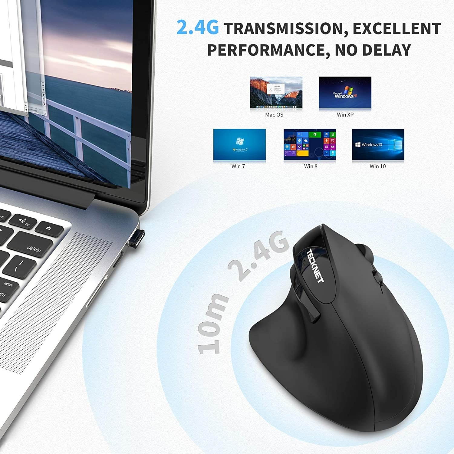 TeckNet 2.4G Rechargeable Wireless Vertical Ergonomic Optical Mouse with USB Nano Receiver, 800 / 1200 /1600 /2000 /2400DPI, 5 Buttons for Laptop, MacBook, PC, Windows, Android, OS System (Black)