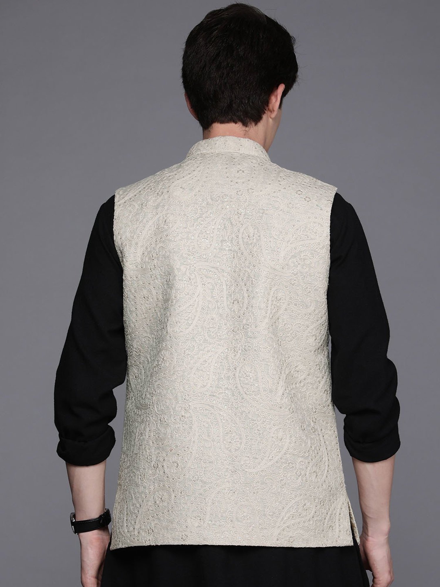 Manyavar Beige Regular Fit Self Design Nehru Jacket