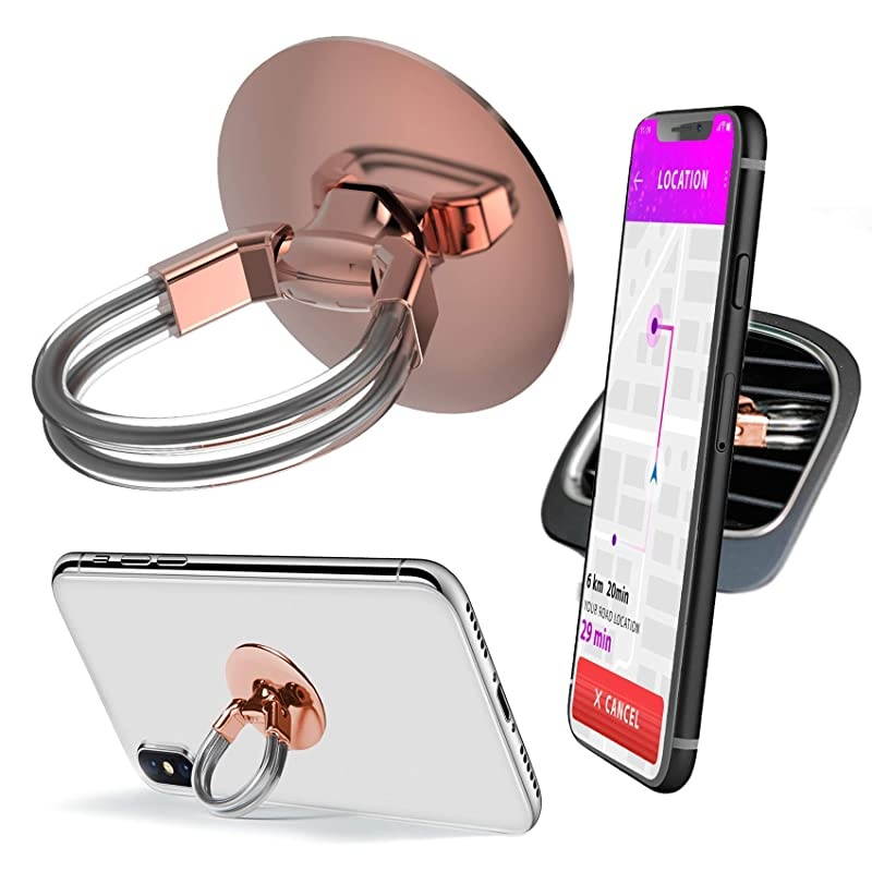 Phone Ring Holder 3in1 Phone Ring Phone Stand Phone Car Vent Mount Finger Grip Phone Holder for All iPhone Samsung Galaxy Rose Gold