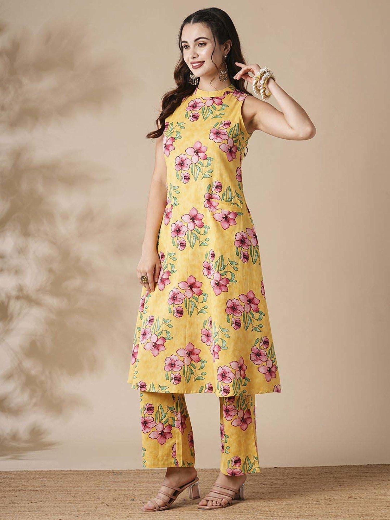 Fashor Yellow Cotton Floral Print Kurta Palazzo Set