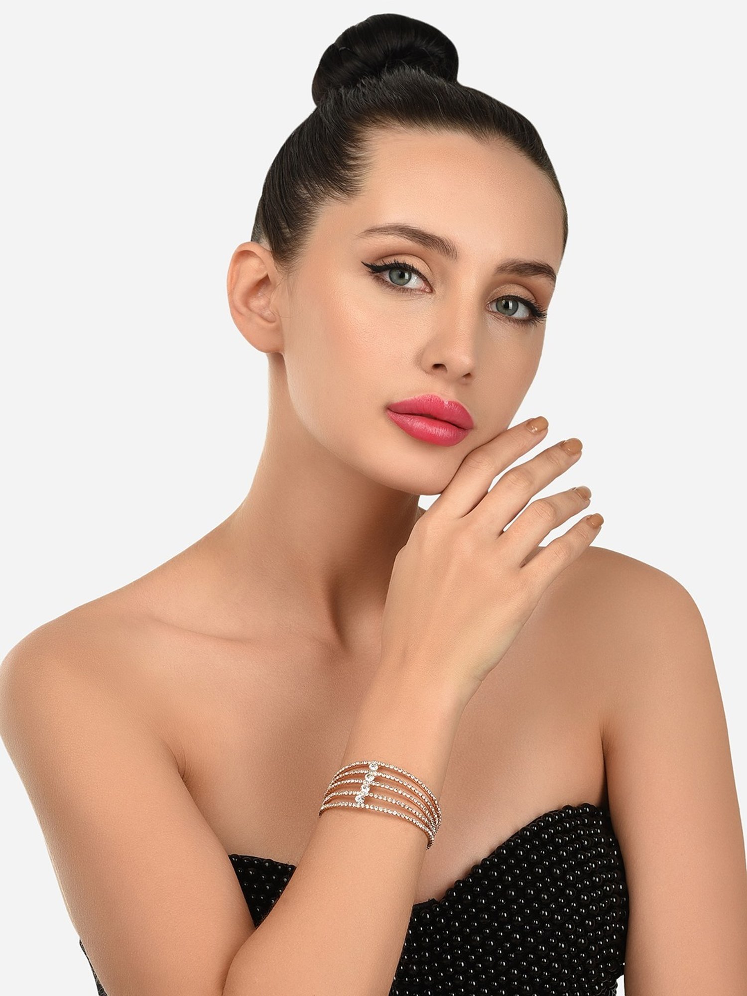 Zaveri Pearls Rose Gold Dazzling Austrian Diamonds Embellished Party Bling Cuff Bracelet-ZPFK12103