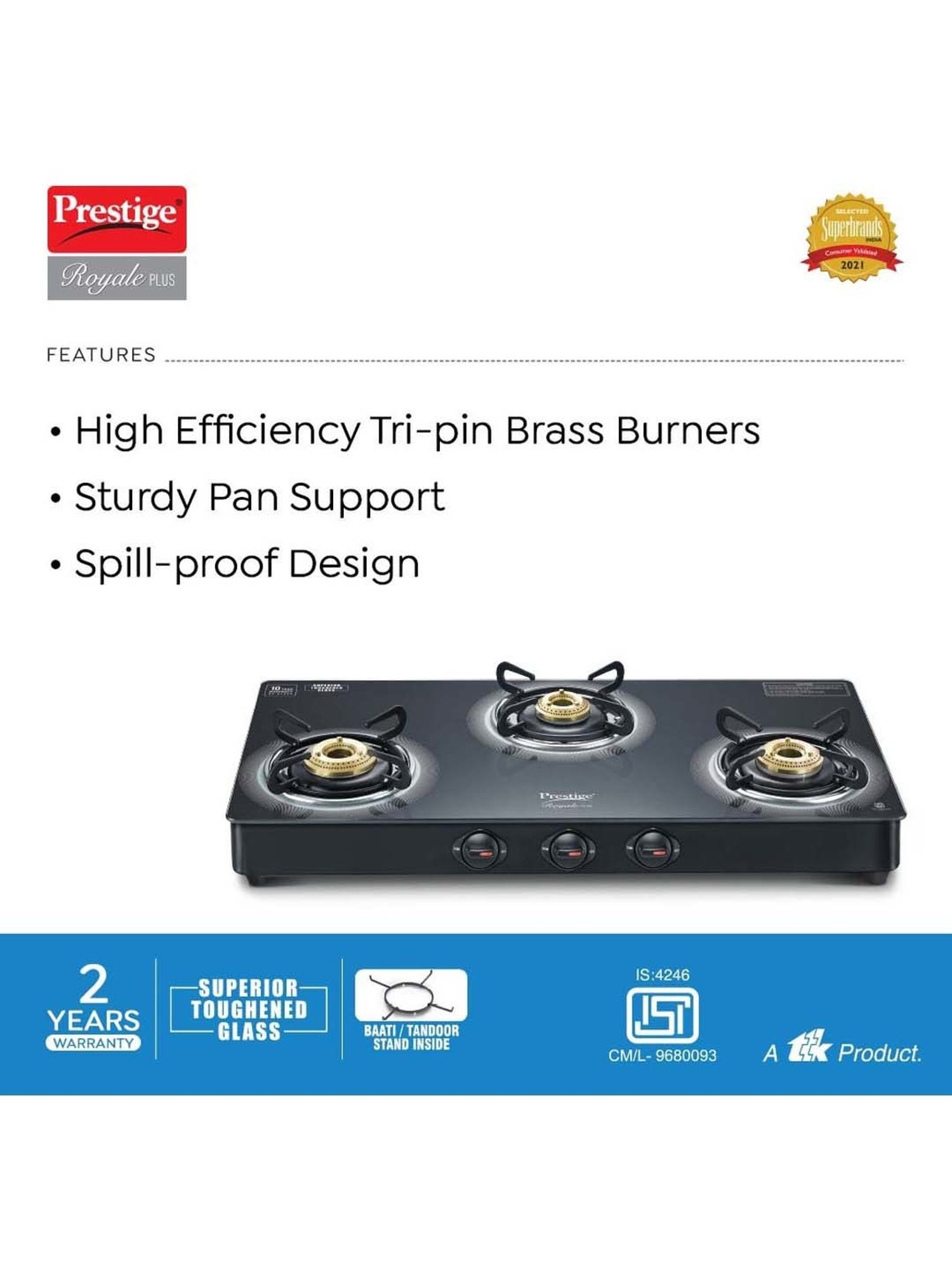 Prestige Black Glass Royale Plus Gt 03L Toughened Top Gas Stove With 3 Burners