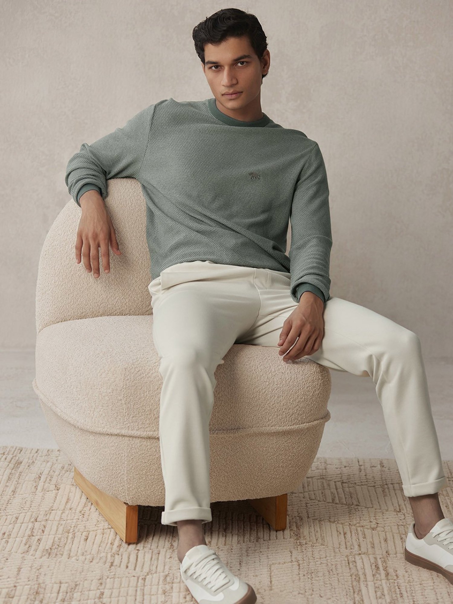 ANDAMEN Green Regular Fit Textured Cotton Sweater