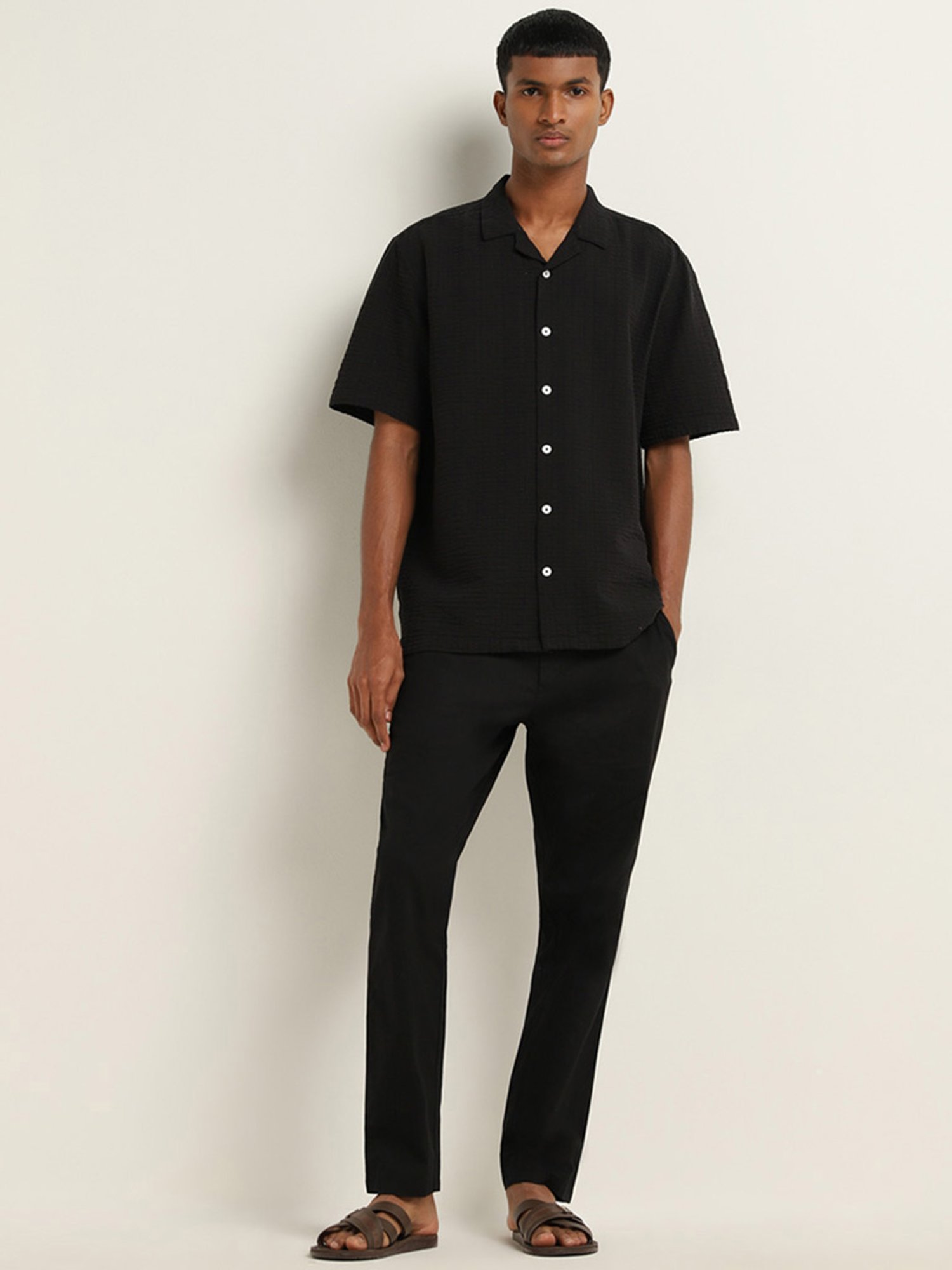 ETA by Westside Black Seersucker Relaxed-Fit Cotton Blend Shirt