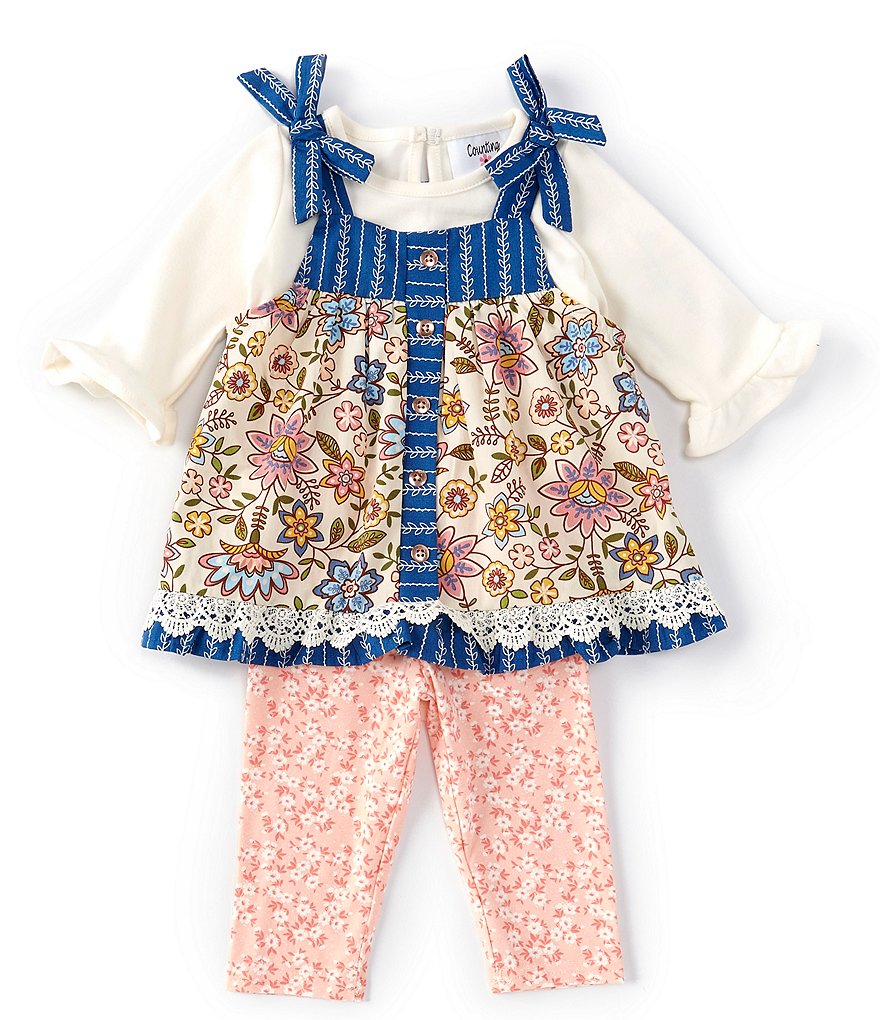 Rare Editions Baby Girls 3-24 Months Mixed-Media Jumper, Solid Tee & Ditsy Floral Leggings Set
