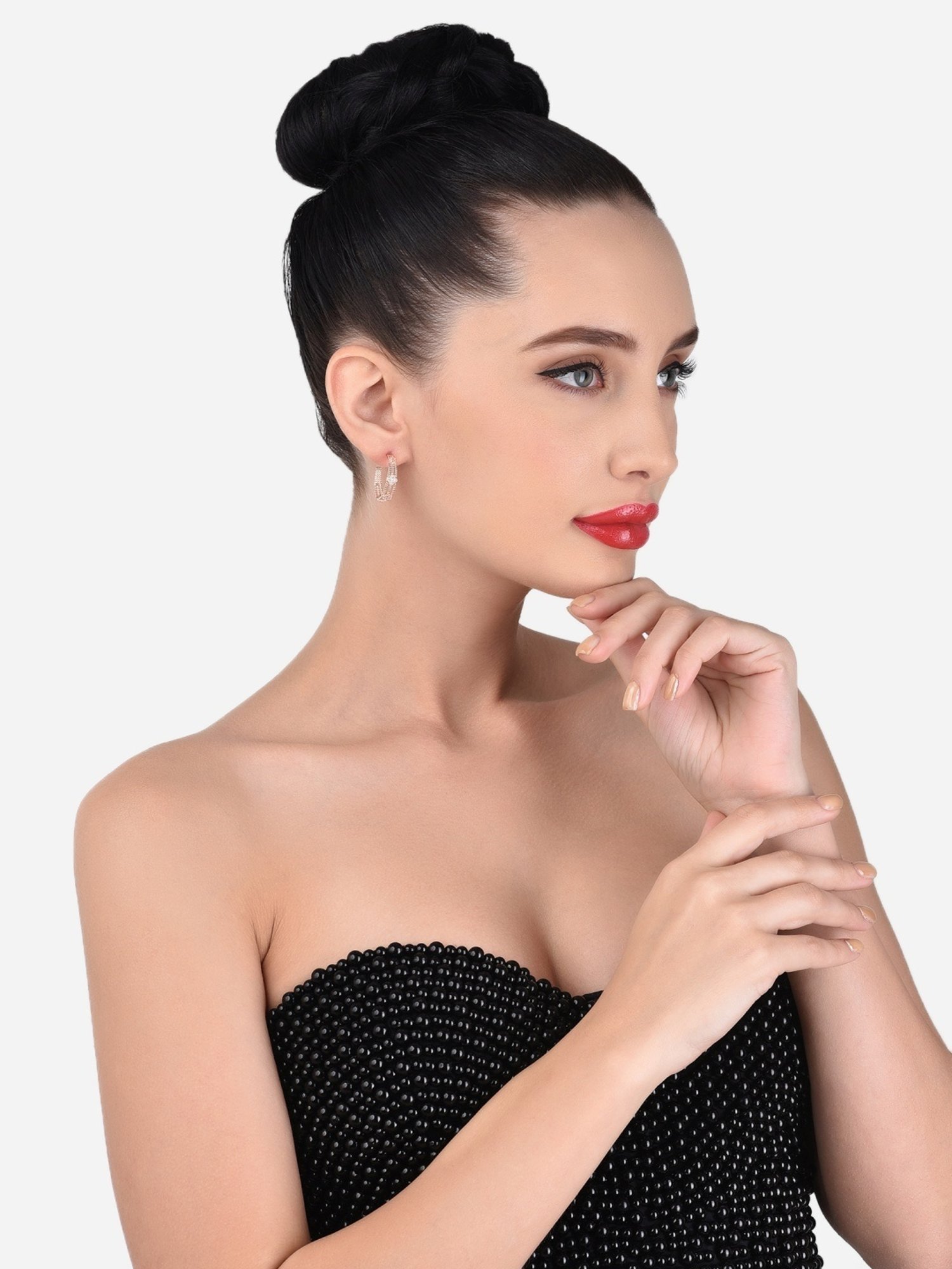 Zaveri Pearls Set of 2 Rose Gold Cubic Zirconia Contemporary Semi Hoop Earrings - ZPFK13362