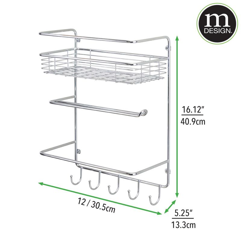 mDesign Metal Wall Mount Paper Towel Holder with Storage Shelf & Hooks - Chrome