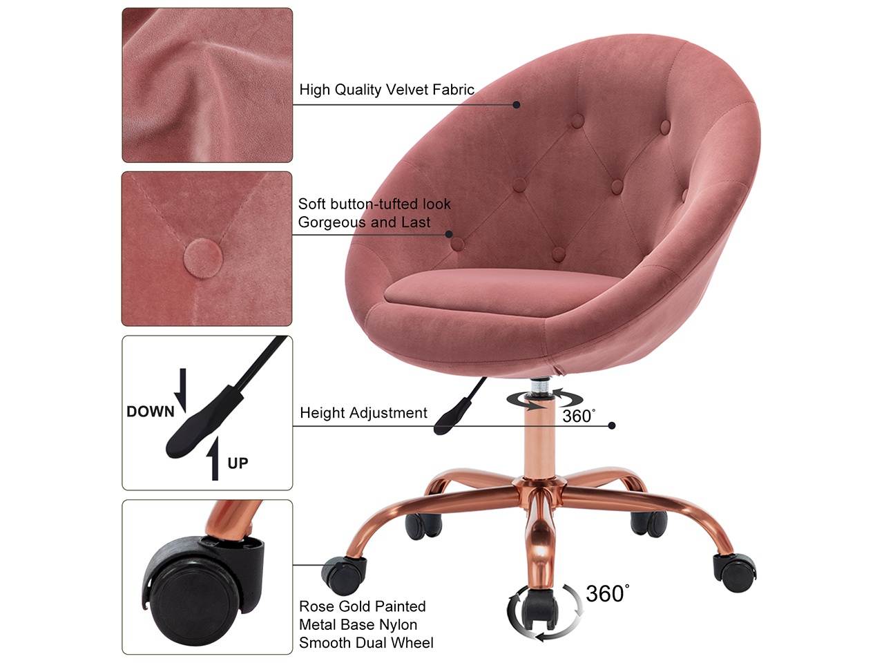 Swivel Height Adjustable Task Chair Tufted Velvet Upholstered Office Chair