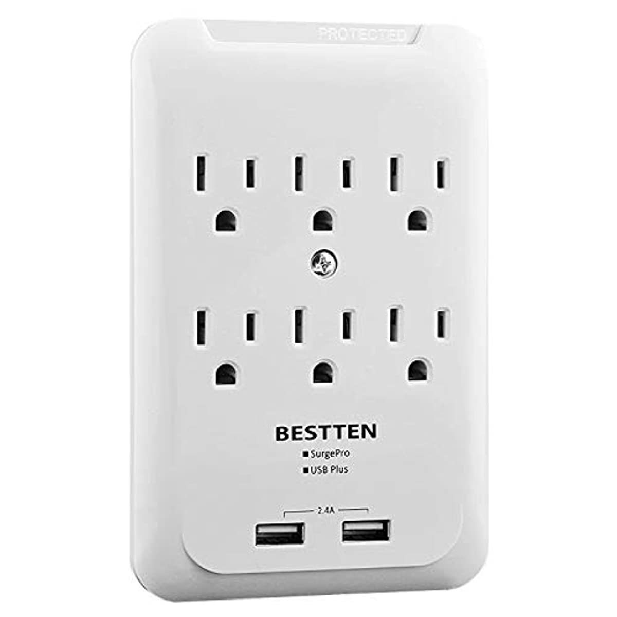 BESTTEN 6-Outlet Wall Mount Surge Protector with Dual USB Charging Ports (5V/2.4A), 15A/125V/1875W, ETL Certified, White