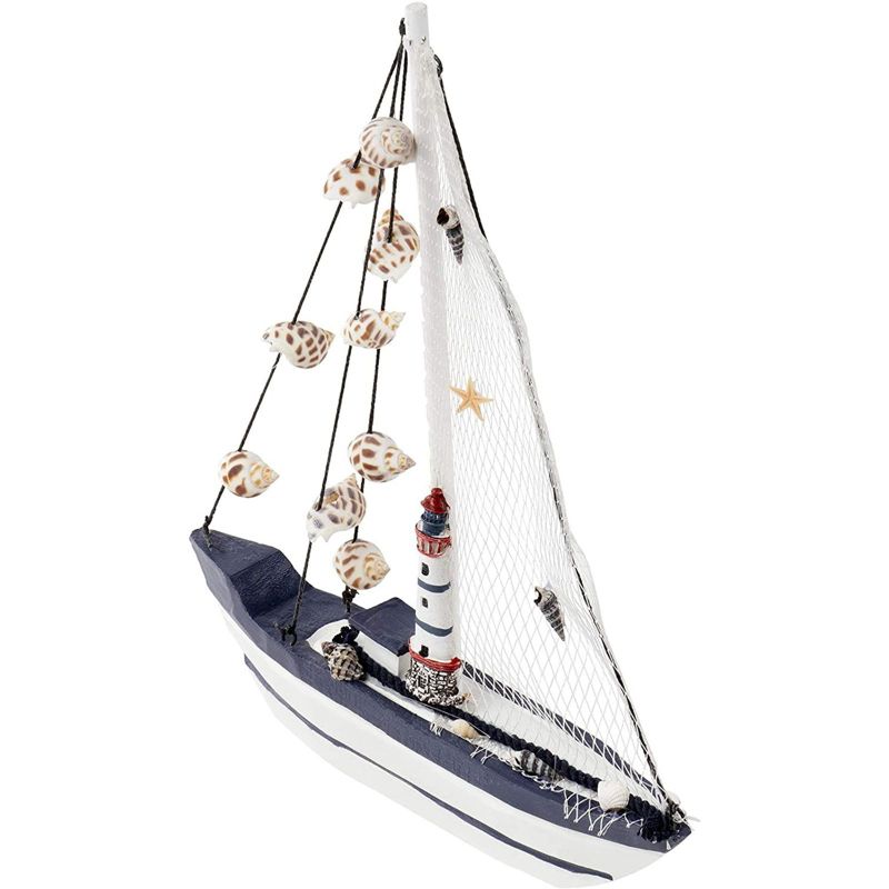 Juvale Wooden Sailing Boat Home Decor, Beach Nautical Design Sailboat Lighthouse & Seashells 0.3x12.8x1.8"