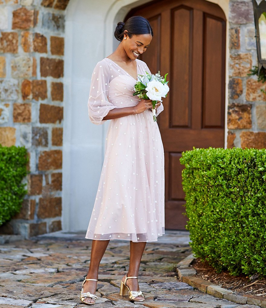 Adrianna Papell V-Neck 3/4 Sleeve Metallic Dot Faux Wrap Midi Dress