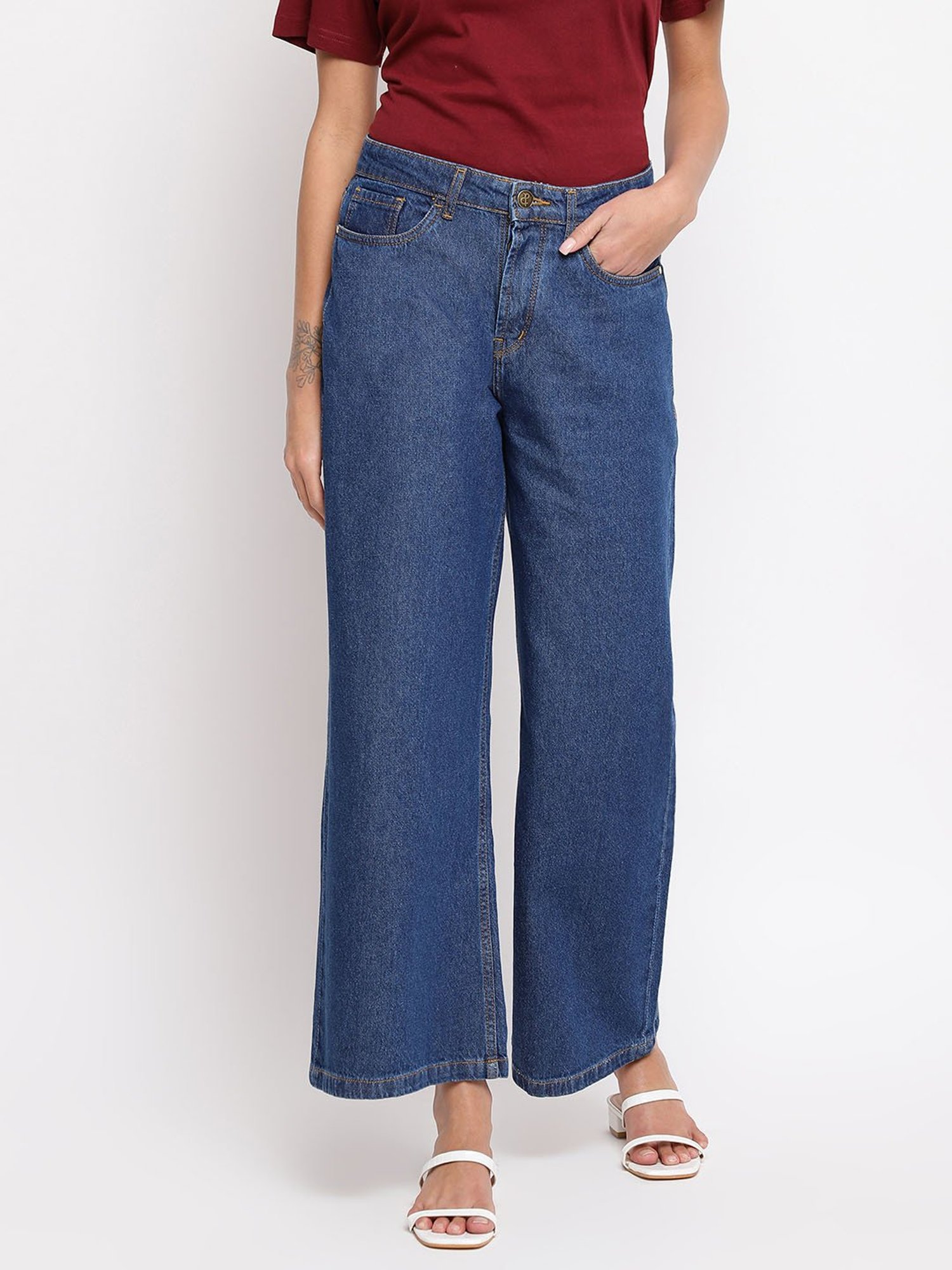 Tales & Stories Dark Blue Cotton Mid Rise Wide Leg Jeans