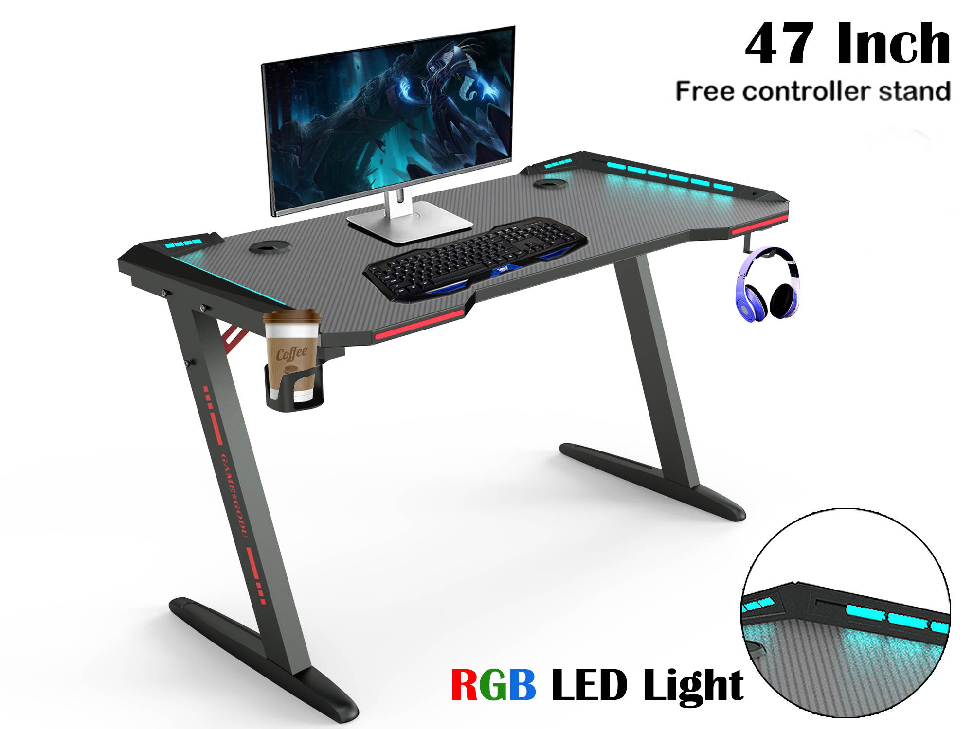 Gaming Desk, 55 Inch Gaming Table, PC Computer Workstation with LED RGB Lights, Headphone Hook and Cup Holder for Home, Black