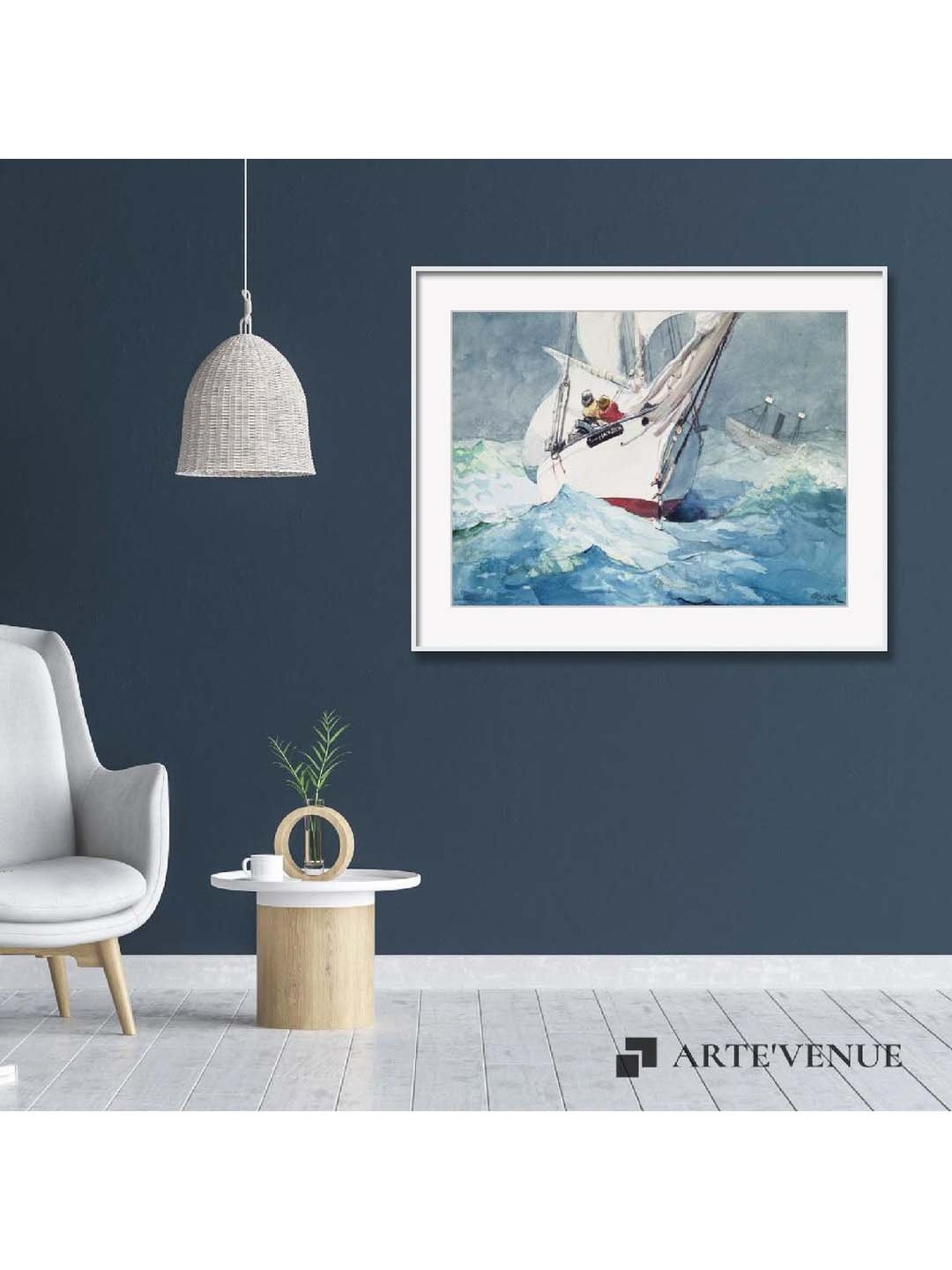 ARTE'VENUE Reefing Sails Blue & White Paper Wall Art - Set of 1 (17 X 14 inch)