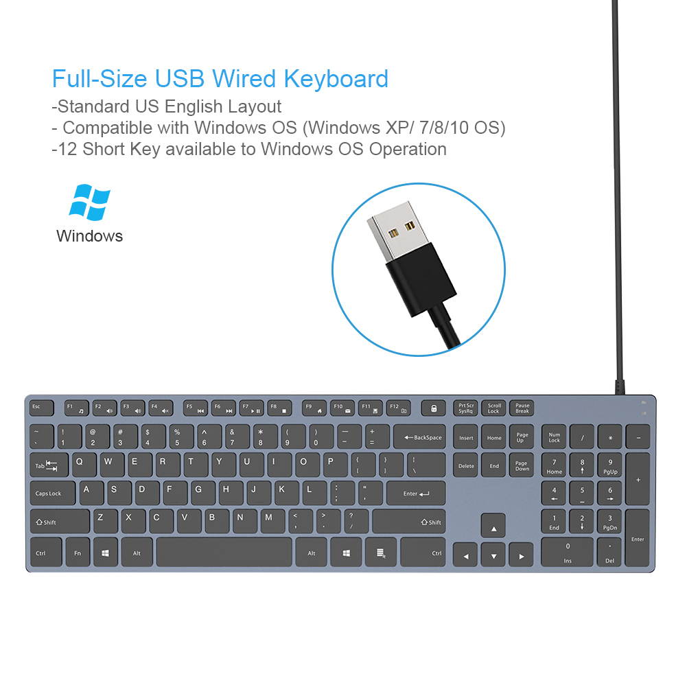 Aluminum USB Wired Keyboard with Numeric Keypad for PC Windows 10/8 / 7 / Vista/XP