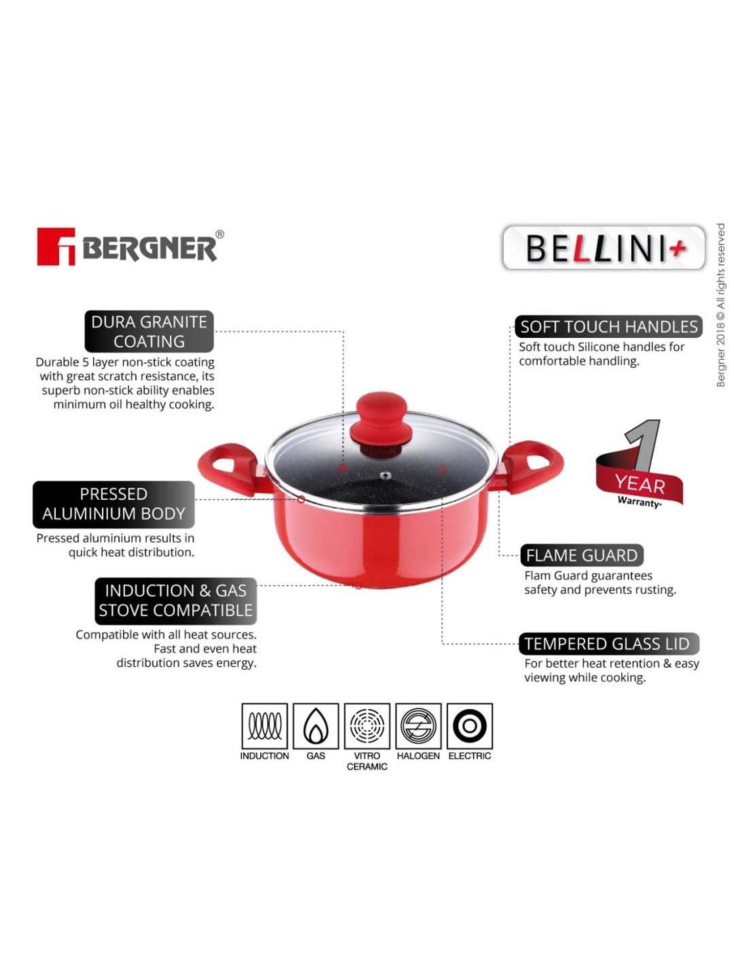 Bergner Bellini Plus Red Pressed Aluminium 20 cm Diameter Casserole With Lid (2.6 L) - Set of 1