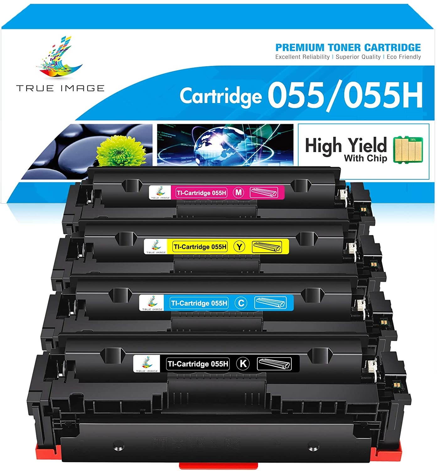 True Image Compatible Toner Cartridge Replacement for Canon 055 055H High Capacity Canon Color ImageCLASS MF743Cdw MF741Cdw MF746Cdw MF743 Printer Toner with Chip (Black Cyan Magenta Yellow, 4-Pack)