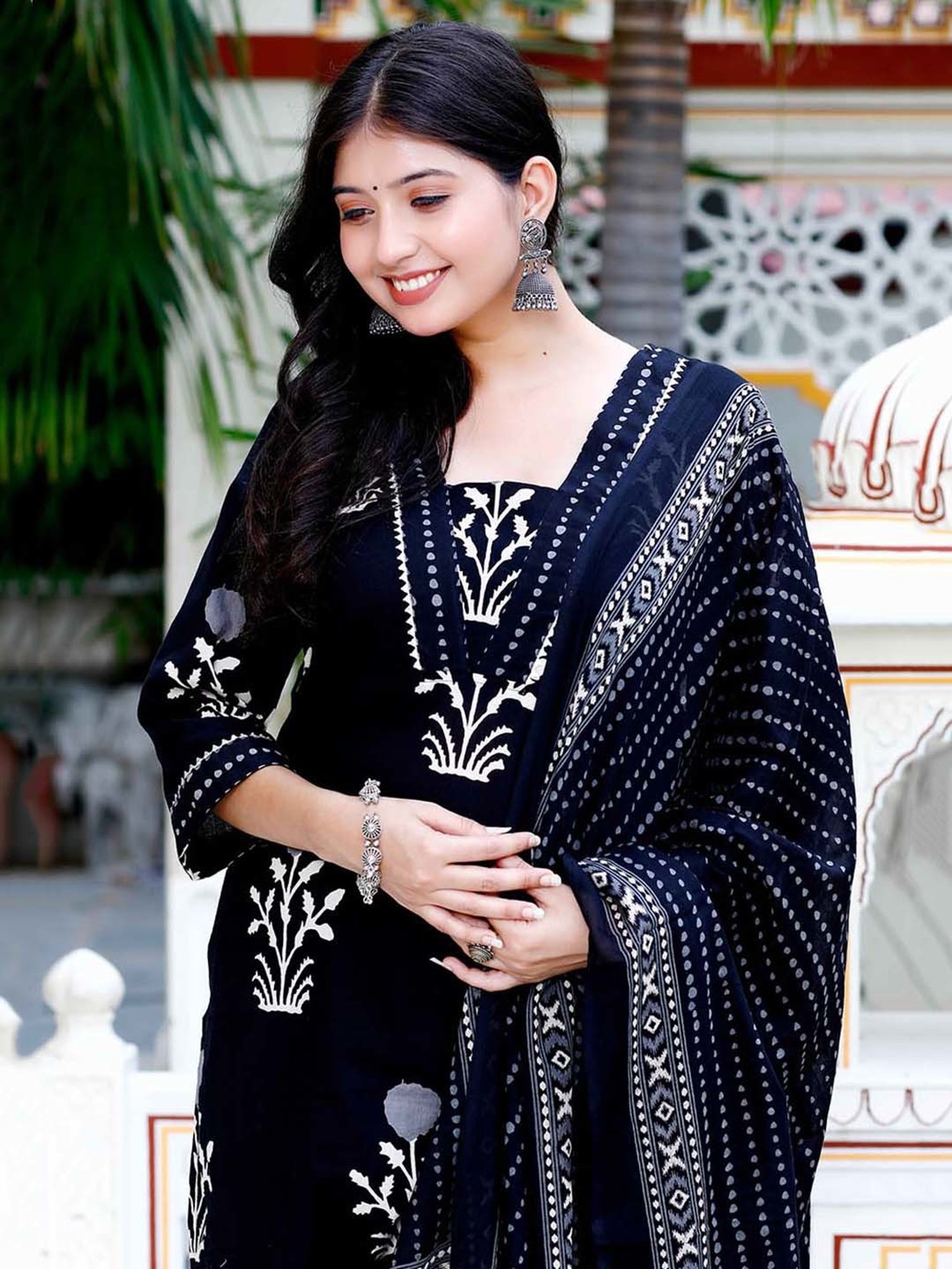 Miravan Black Floral Print Kurta With Palazzo & Dupatta