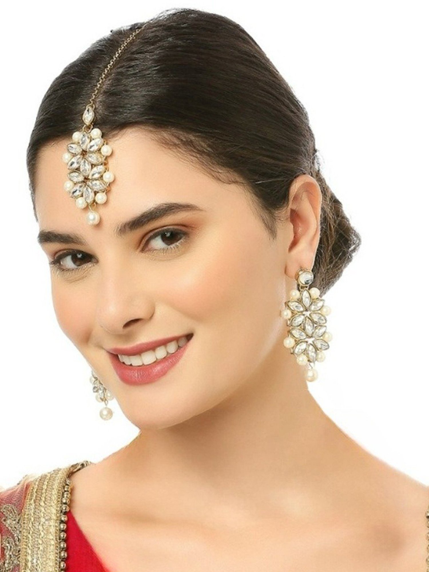 Oomph Gold Tone Kundan & Pearls Ethnic Earring & MaangTikka Set