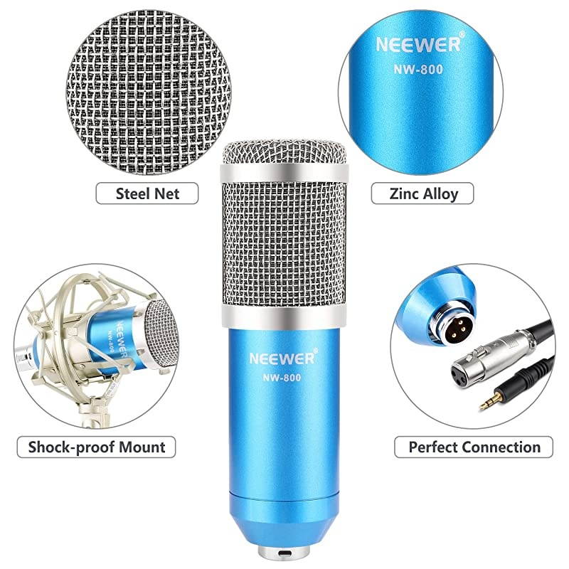 NW800 Professional Studio Microphone Set Including 1NW800 Professional Condenser Microphone 1Microphone Shock Mount 1Balltype Antiwind Foam Cap 1Microphone Power Cable Blue