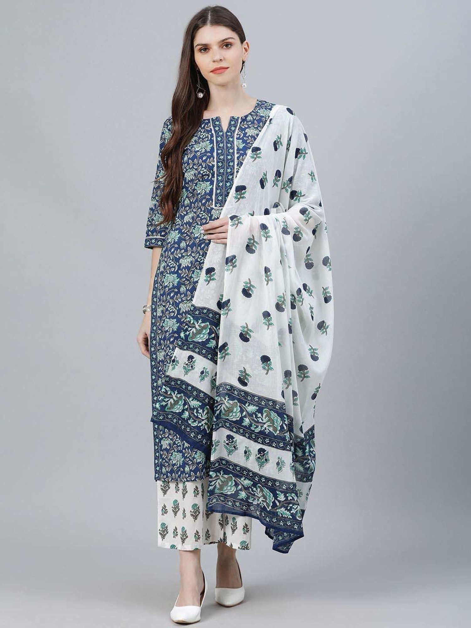 Libas Blue & White Cotton Printed Kurta Palazzo Set With Dupatta