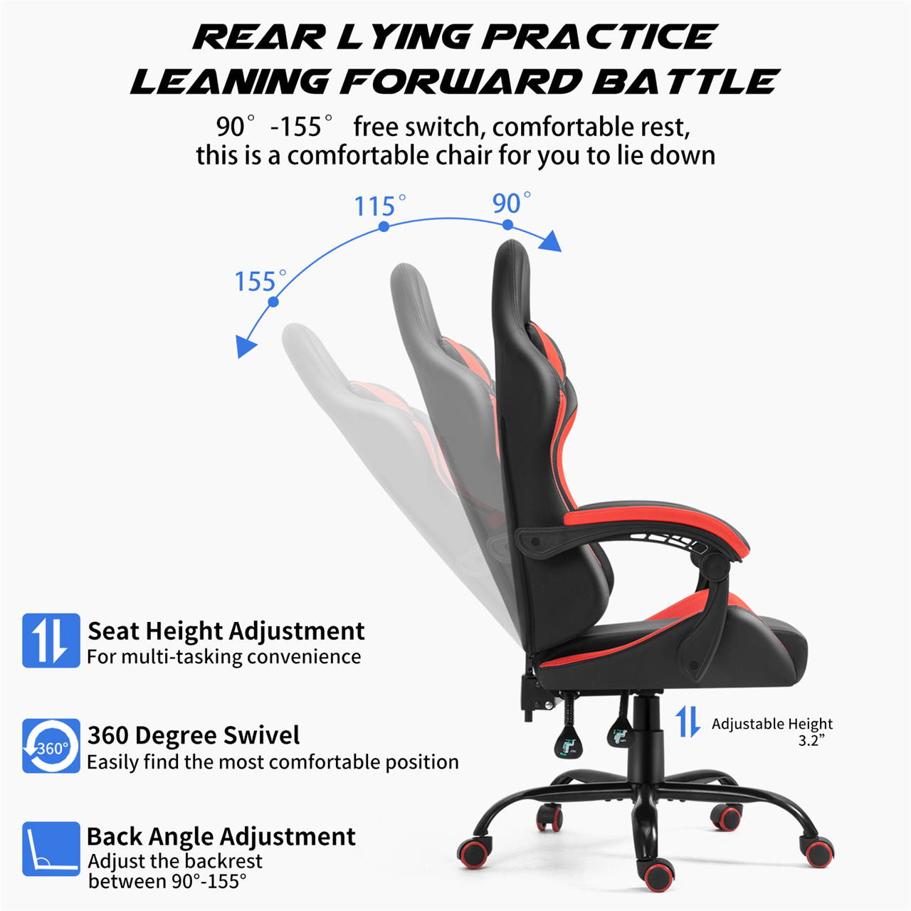 Labradores Gaming Chairs Ergonomic Office Chair Computer Game Recliner High-Back Racing Style Desk Chair Adjustable Backrest and Seat Height Swivel Rocker Headrest and Lumbar (Black/Red)