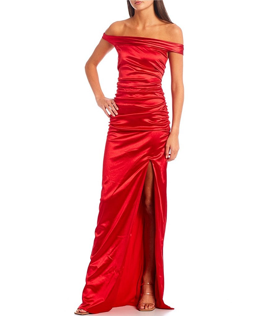 City Vibe Off-the-Shoulder Wrap Side Slit Satin Long Dress