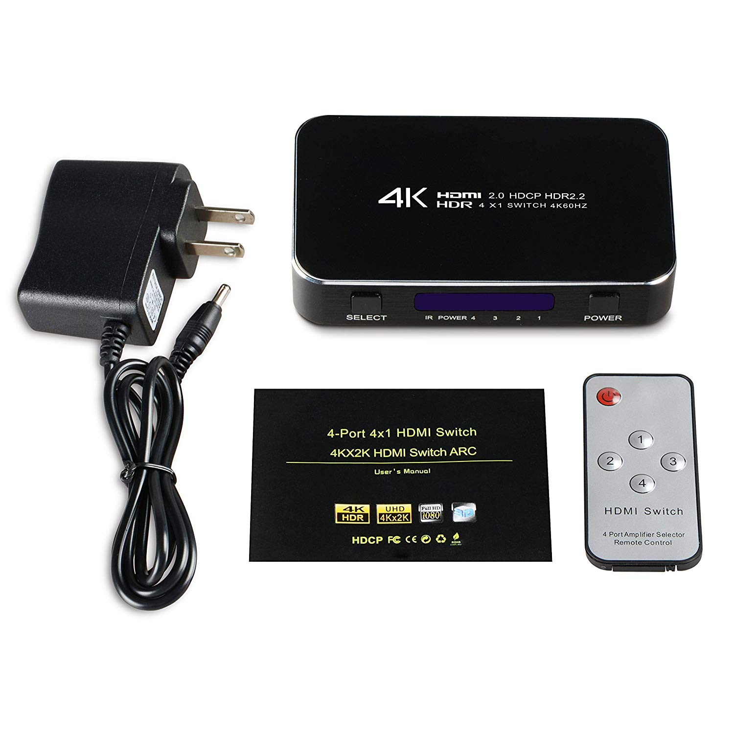 HDMI Switch, Nurbenn 4 Ports 4K 60Hz HDMI 2.0 Switcher Selector with IR Wireless Remote, Supports UltraHD Dolby Vision, High Speed(Max to 18.5Gbps), HDR10, HDCP 2.2 & 3D