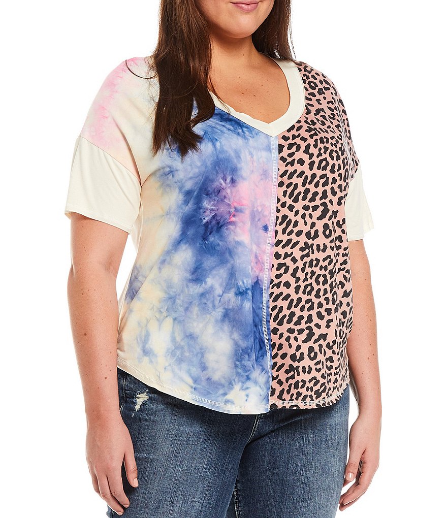 Moa Moa Plus Size Tie Dye Half Animal Print Knit V-Neck Middle Front Raw Edge Trim Short Sleeve Top