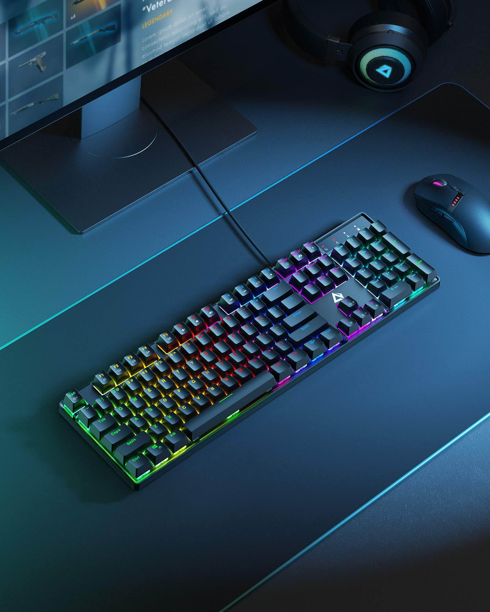 AUKEY KM-G16 Mechanical Gaming Keyboard with Clicky Blue Switches & LED Backlight, 104-Key Anti-Ghosting Wired Mechanical Keyboard with Macro Recording & Ergonomic Design for PC and Laptop
