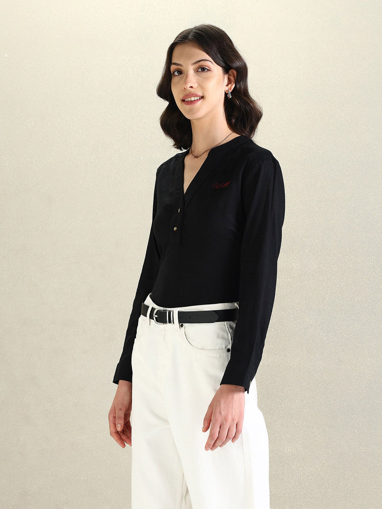 U.S. Polo Assn. Black Linen Graphic Print Top