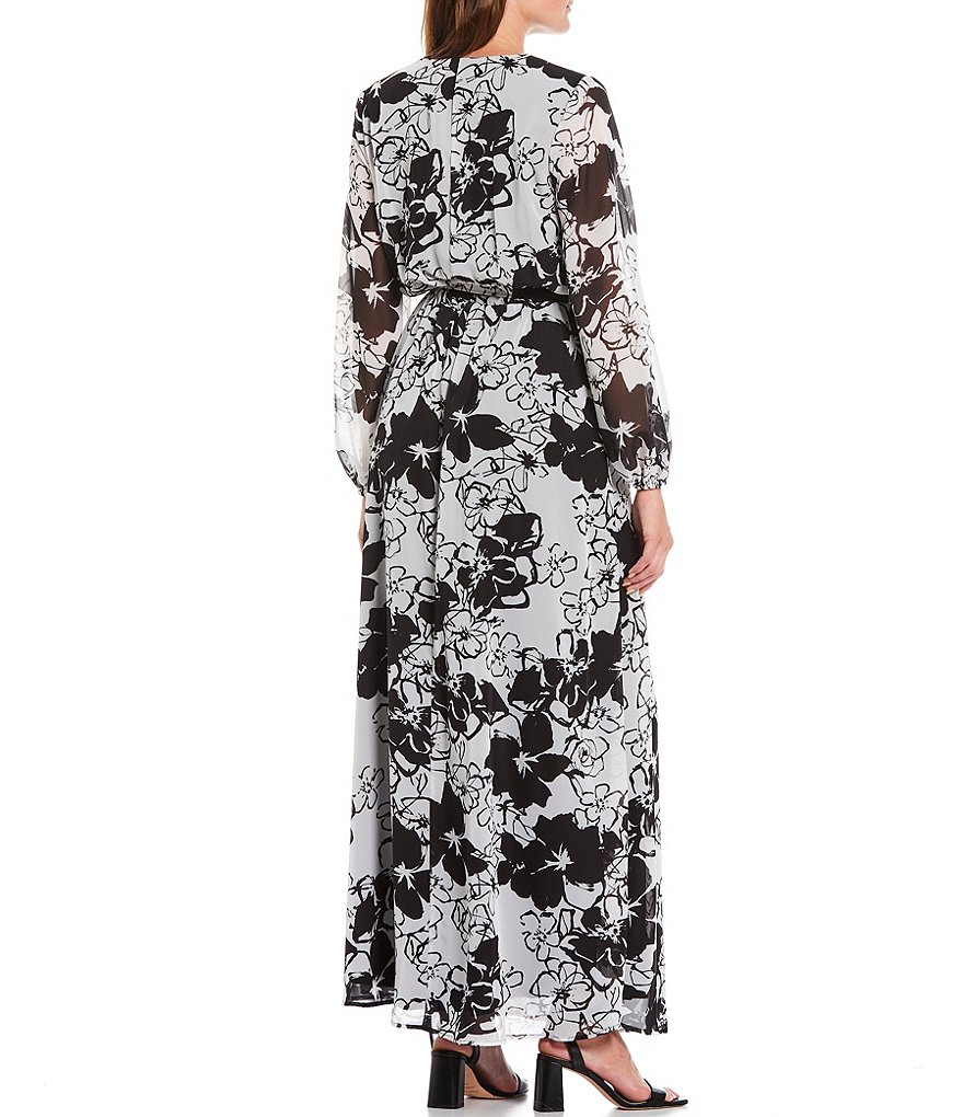 Marina Long Sleeve Floral Printed V-Neck Long Sleeve Wrap Maxi Dress