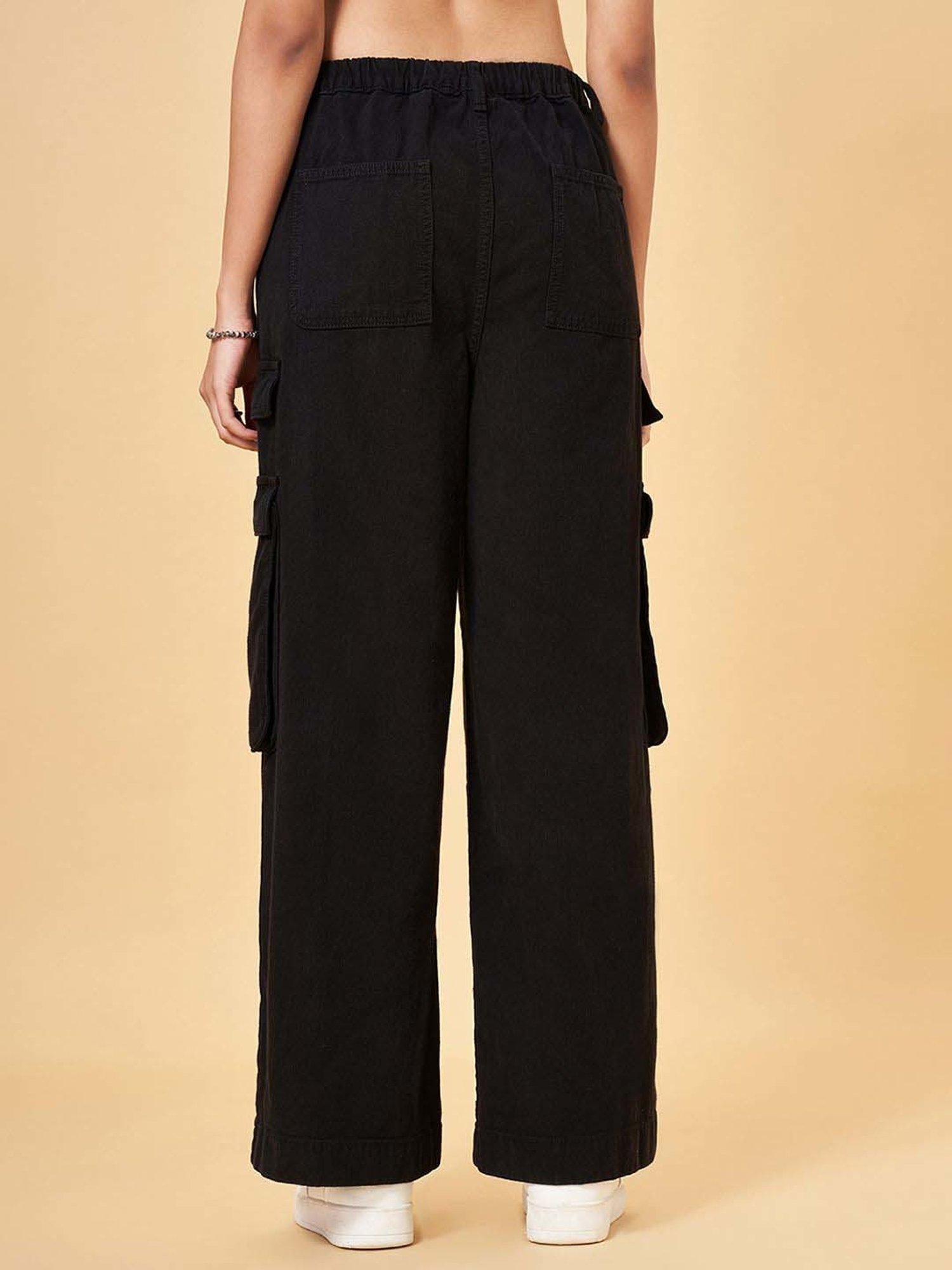 People by Pantaloons Jet Black Cotton Mid Rise Flared Jeans