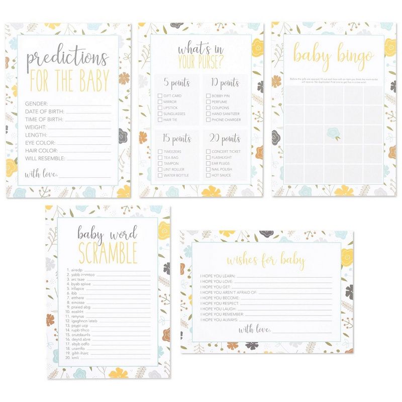 5-Set Baby Shower Game Cards, Party Activity Supplies Including Bingo, Word Scramble, Prediction and Well Wishes, Floral Design, 50 Guests