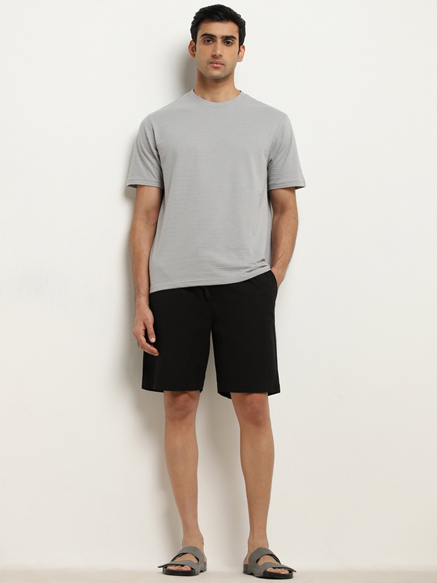 WES Lounge by Westside Grey Striped Knitted Relaxed-Fit T-Shirt