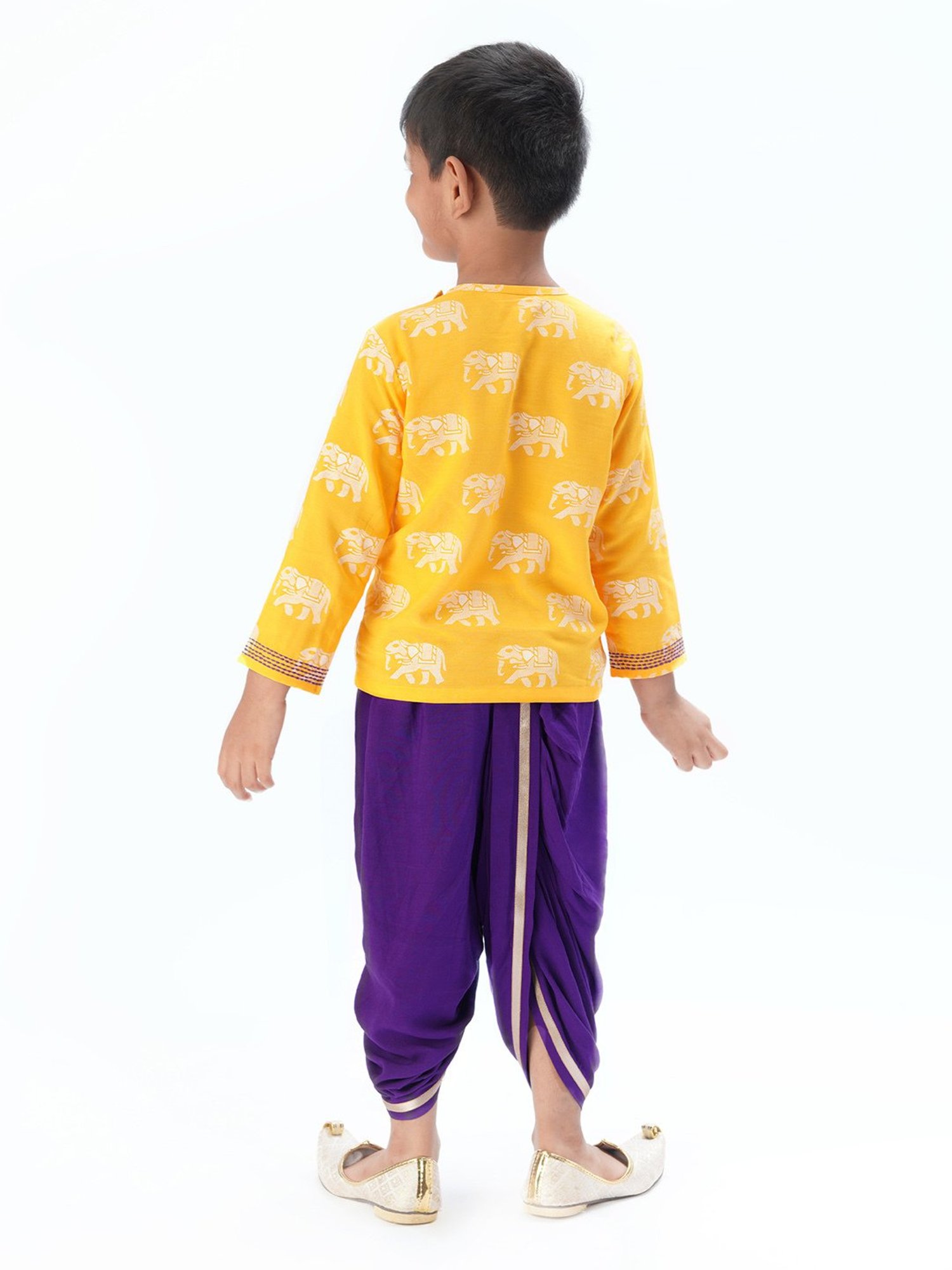Lil Drama Kids Yellow & Purple Printed Full Sleeves Kurta with Dhoti