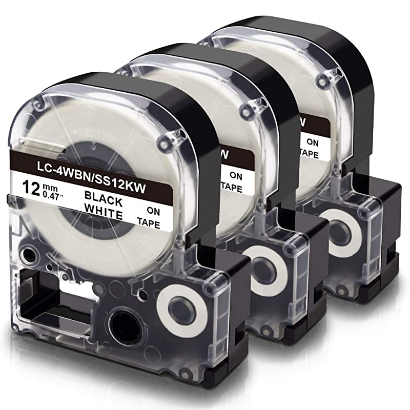 Compatible Label Tape Replacement for LK-4WBN LC-4WBN SS12KW LC 4WBN9 LK 12mm Tape Cartridge 1/2'' for Epson LabelWorks LW-300 LW-400 LW-500 LW-600P LW-700 Label Maker, Black on White, 3-Pack