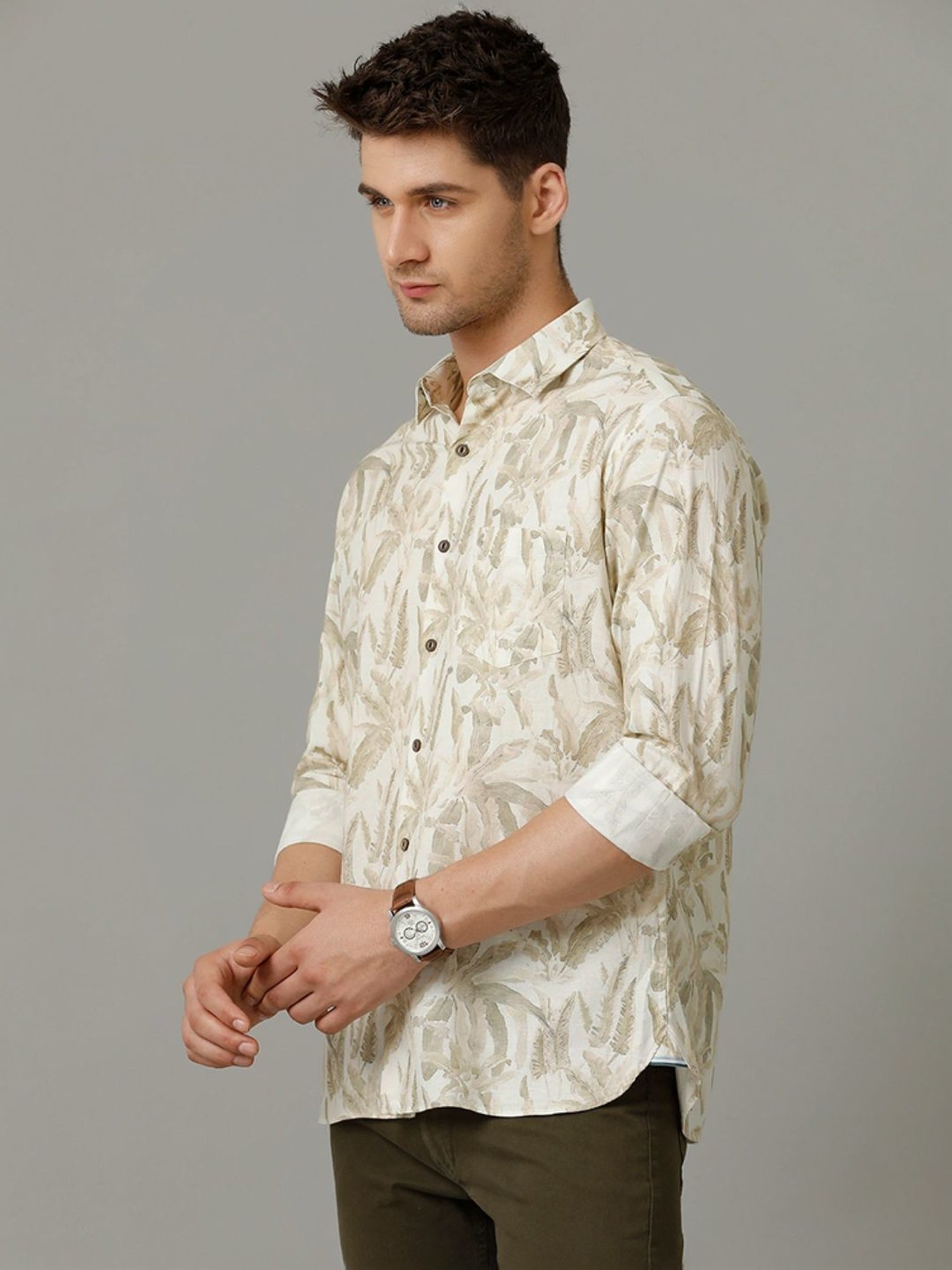 Cavallo By Linen Club Green Linen Contemporary Fit Printed Shirt