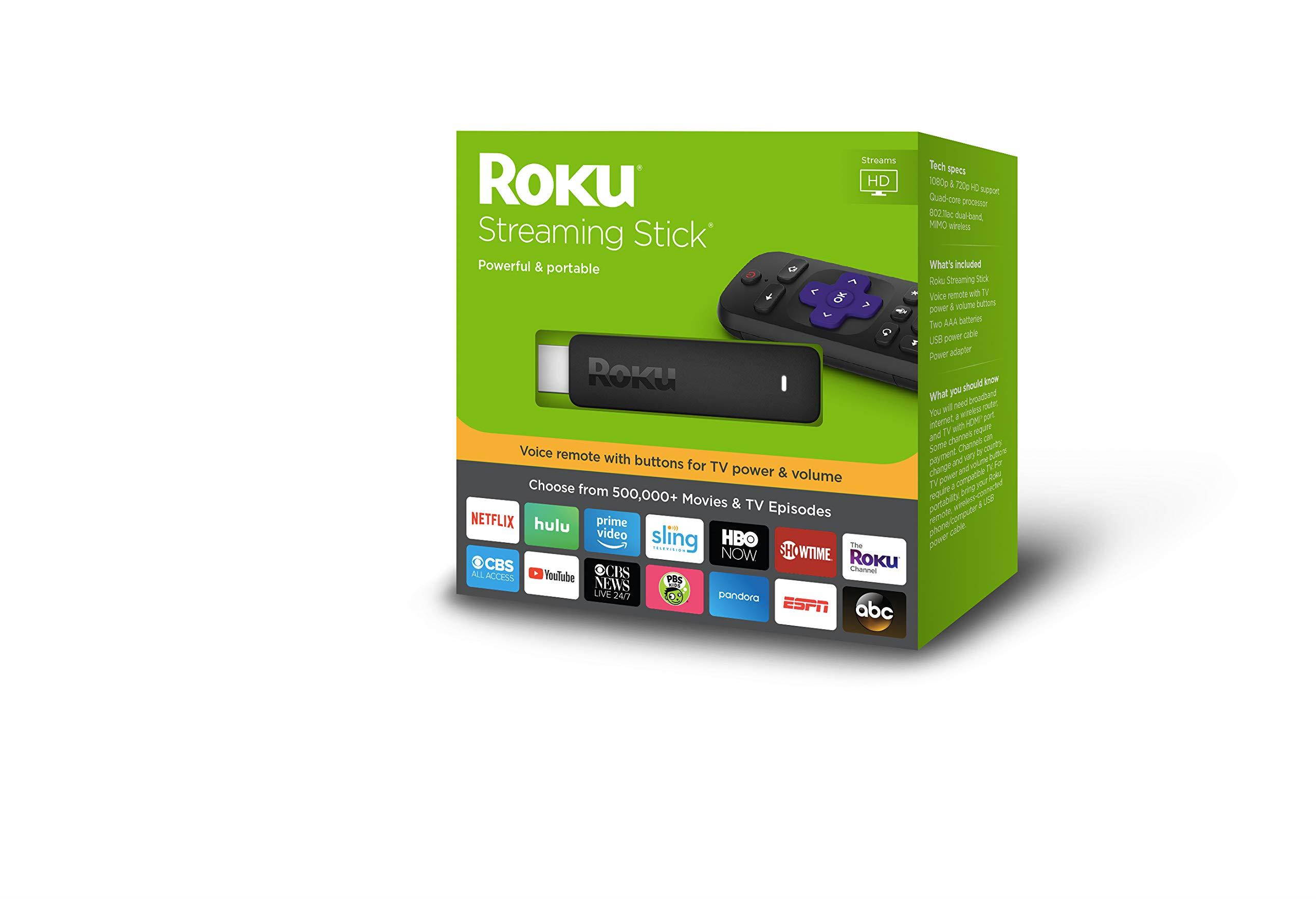 Roku Streaming Stick | Portable, Power-Packed Streaming Device with Voice Remote with Buttons for TV Power and Volume