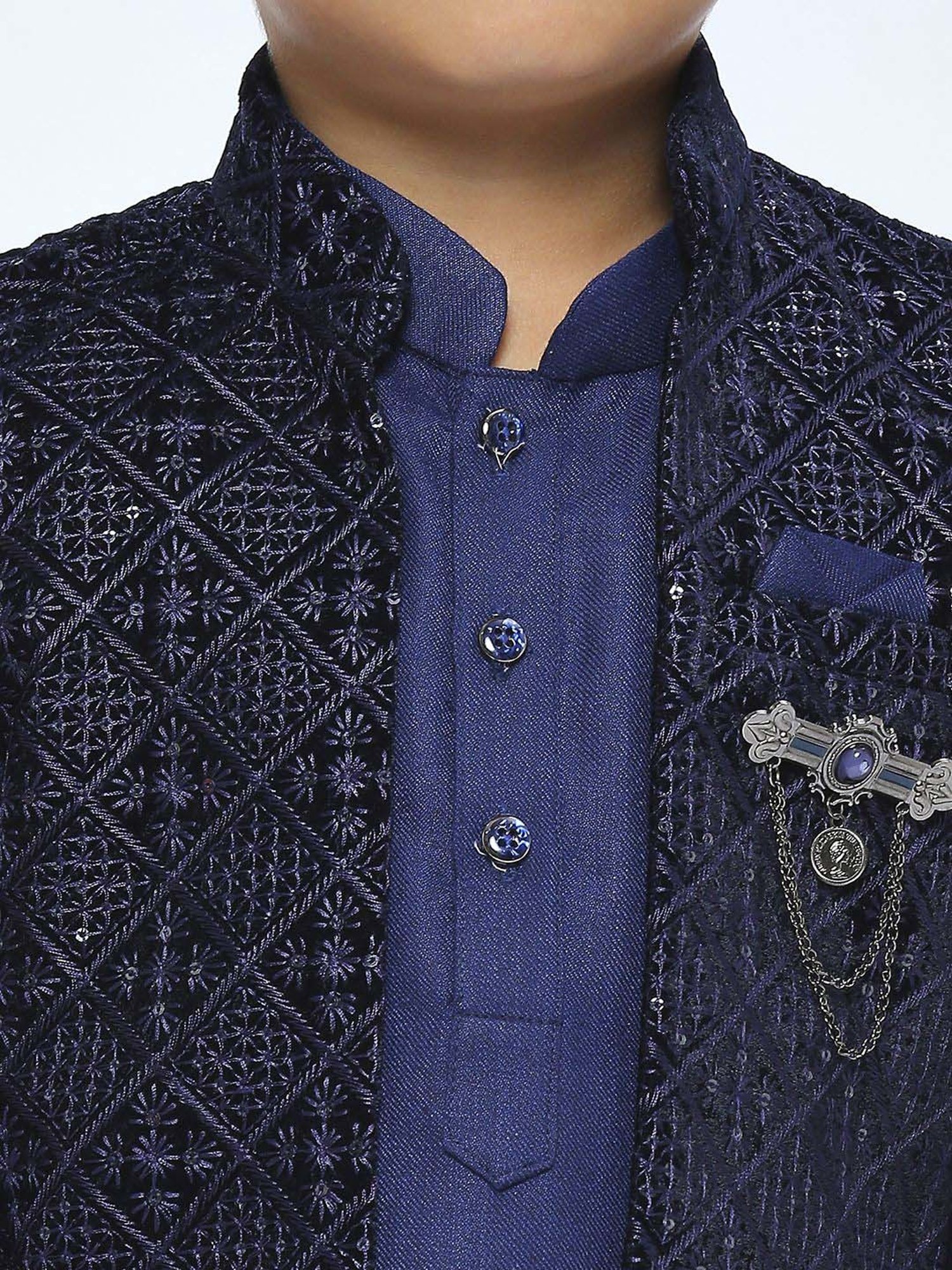 Kids Island Boys Blue Sequence Full Sleeves Kurta Set