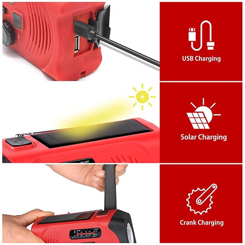 Upgraded Version]  Emergency Weather AM/FM NOAA Solar Powered Wind up Radio with SOS, 2000mAh Power Bank for Cell Phone and LED Flashlight (Red)