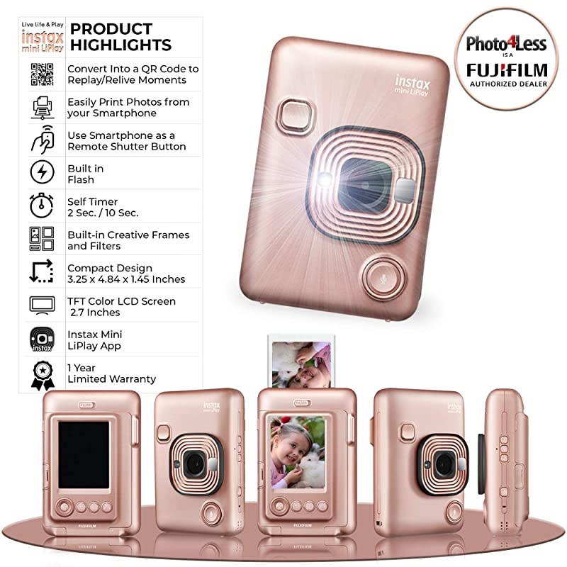 Instax Mini LiPlay Hybrid Instant Camera (Stone White) + Instant Film (20 Shots) + Rainbow Film (10 Shots) + 32GB microSDHC + Case + Scrapbooking Album + 20 Sticker Frames Travel Package