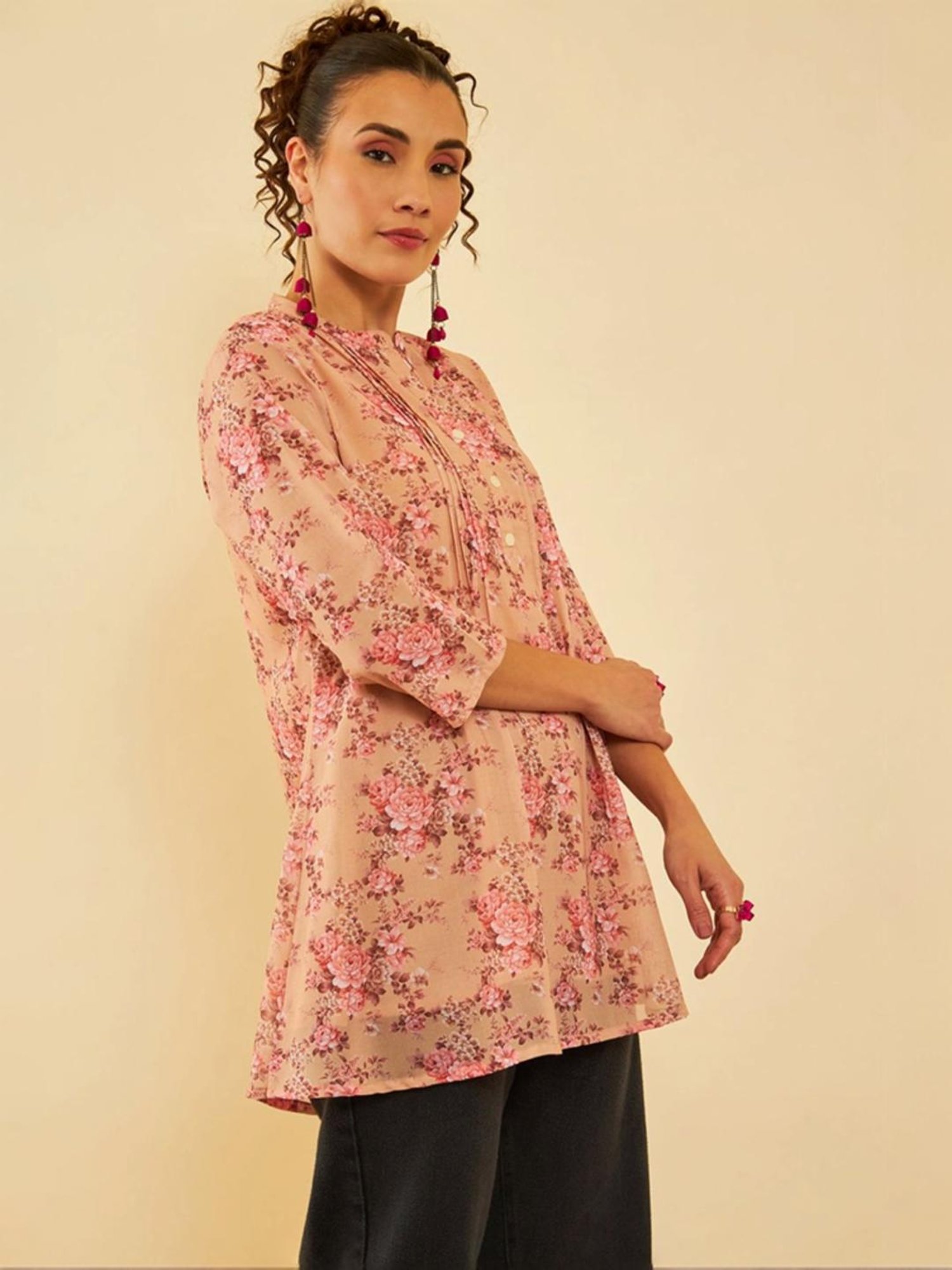Soch Beige Georgette Floral Printed Mandarin Collar A-Line Tunic