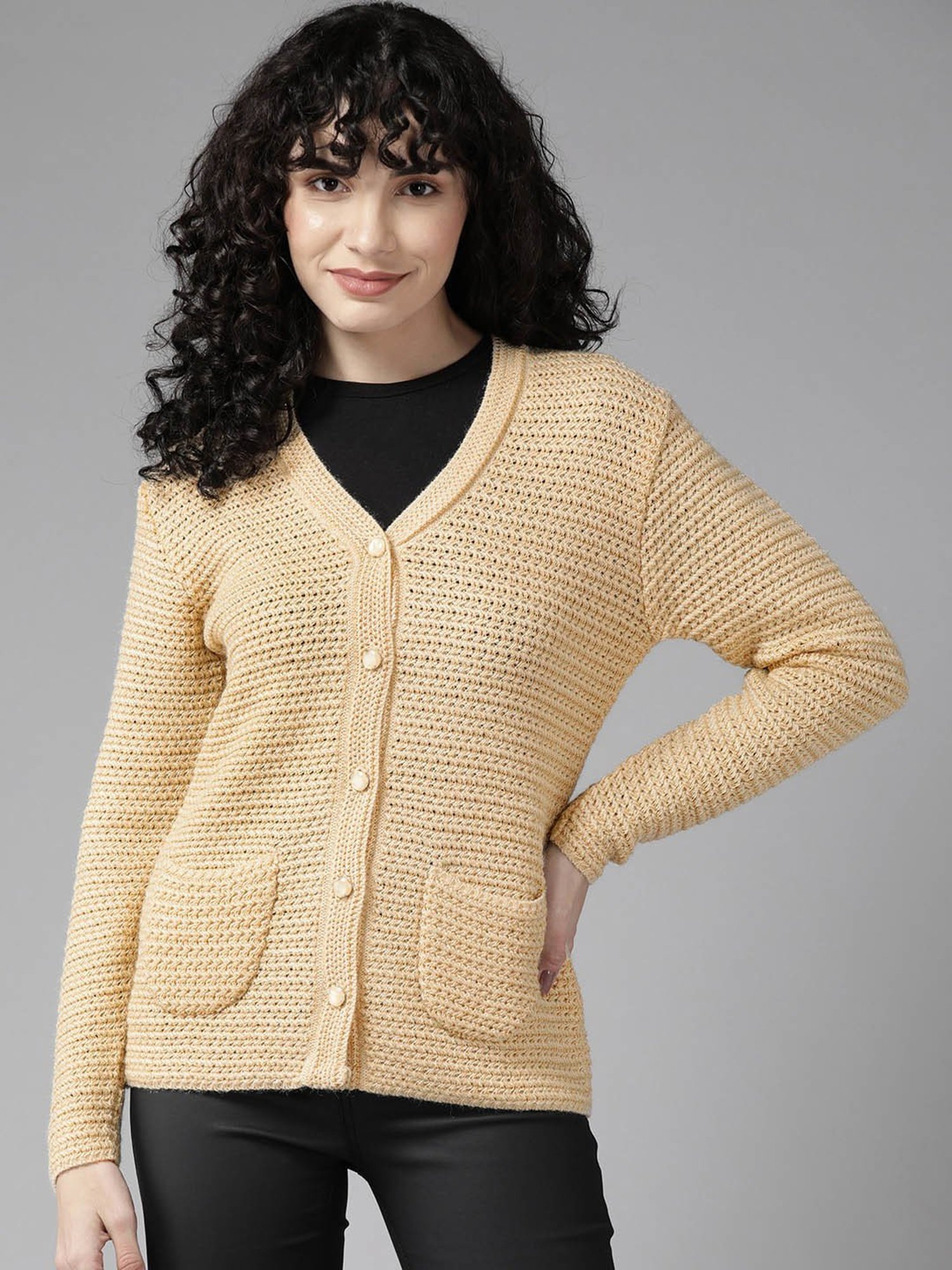 Cayman Beige Woolen Textured Cardigan