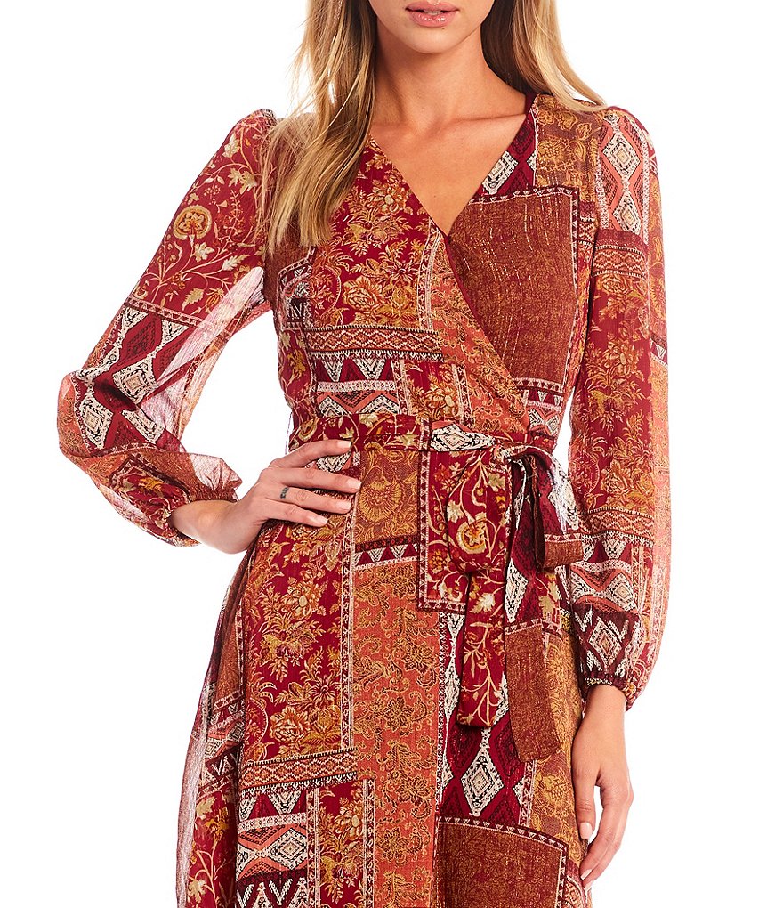 Leslie Fay V-Neck Long Sleeve Patchwork Chiffon Wrap Dress
