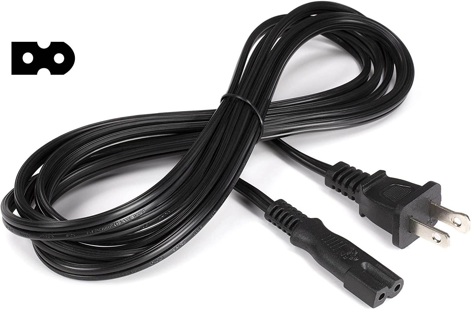 2 Prong Power Cord with Premium Quality Copper Wire Core - Polarized (Square/Round) for Satellite, CATV, Motorola & PS } NEMA 1-15P to C7 / IEC320 - UL Listed - Black, 15ft Power Cable
