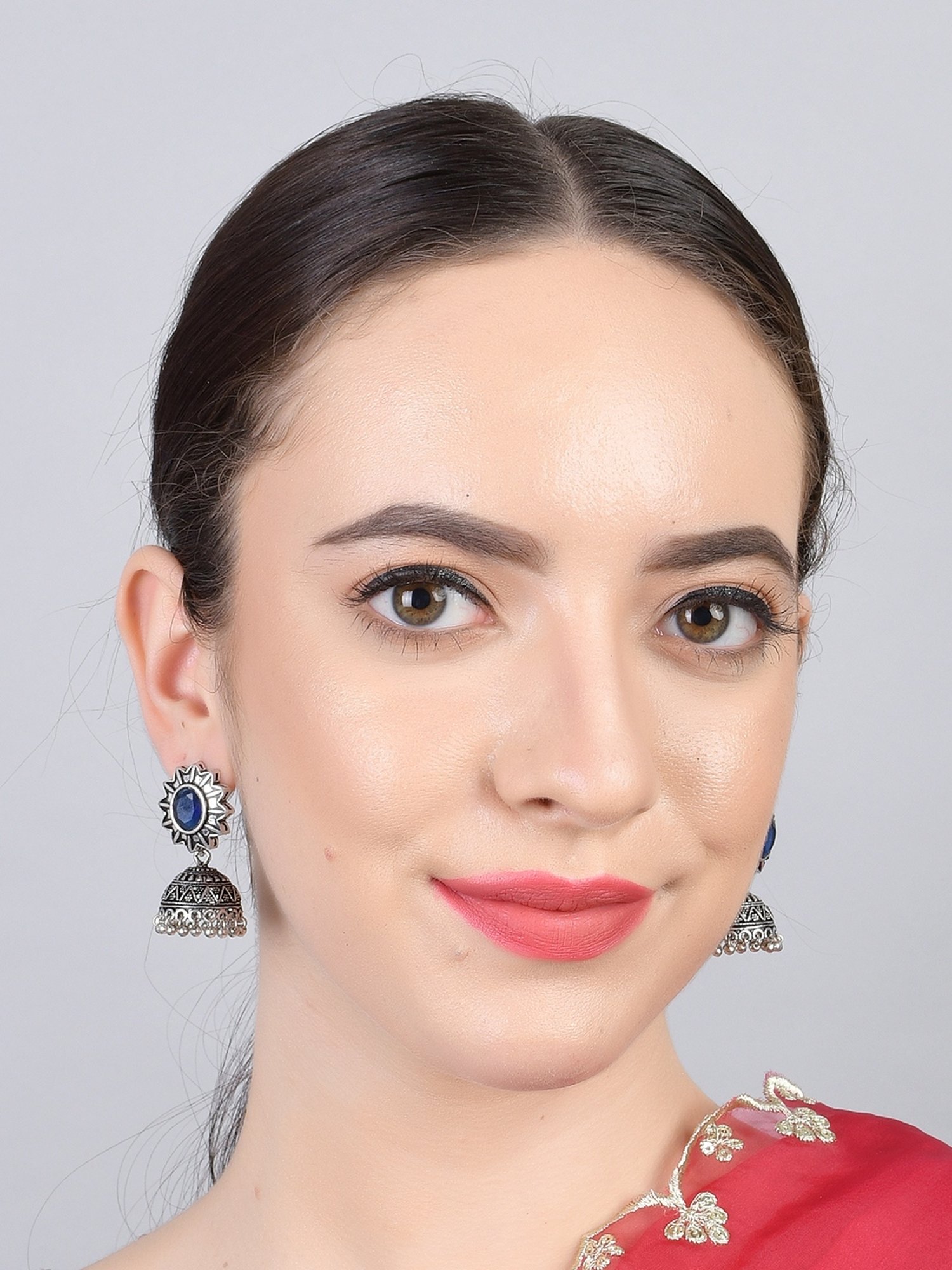 Imli Street Blue Silver Tone Stone-Studded Handcrafted Jhumki Earrings