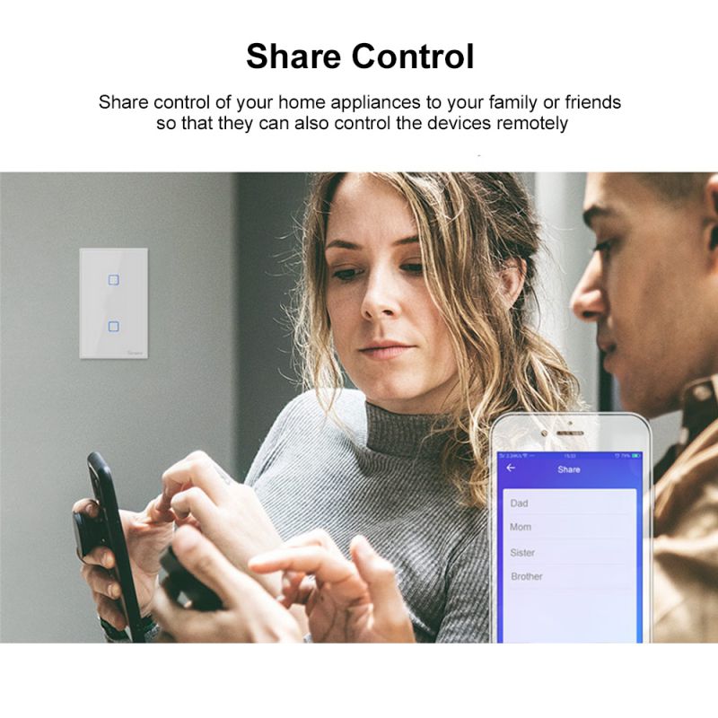 SONOFF T0US2C-TX 2 Gang Smart WiFi Wall Light Switch APP/Touch Control Timer US Standard Panel Smart Switch Compatible with Google Home/Nest & Alexa