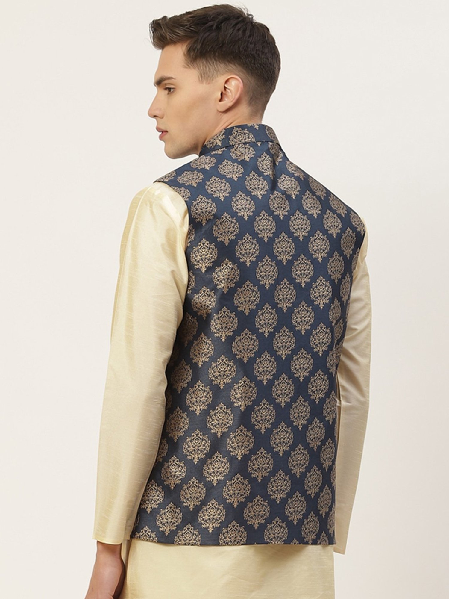 Jompers Navy Regular Fit Printed Nehru Jacket